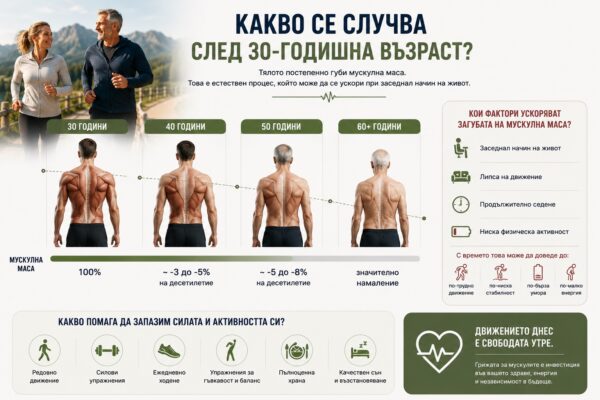 Инфографика за промените в мускулната маса, енергията и активността след 30-годишна възраст